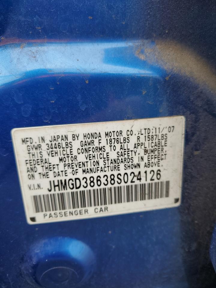 2008 Honda Fit VIN JHMGD38638S024126 Copart auction photo, rear end damage thumbnail 14