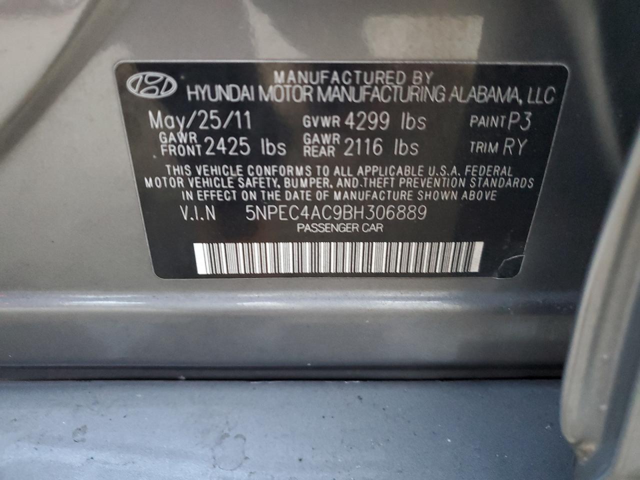 2011 Hyundai Sonata VIN 5NPEC4AC9BH306889 Copart auction photo, rear end damage thumbnail 12