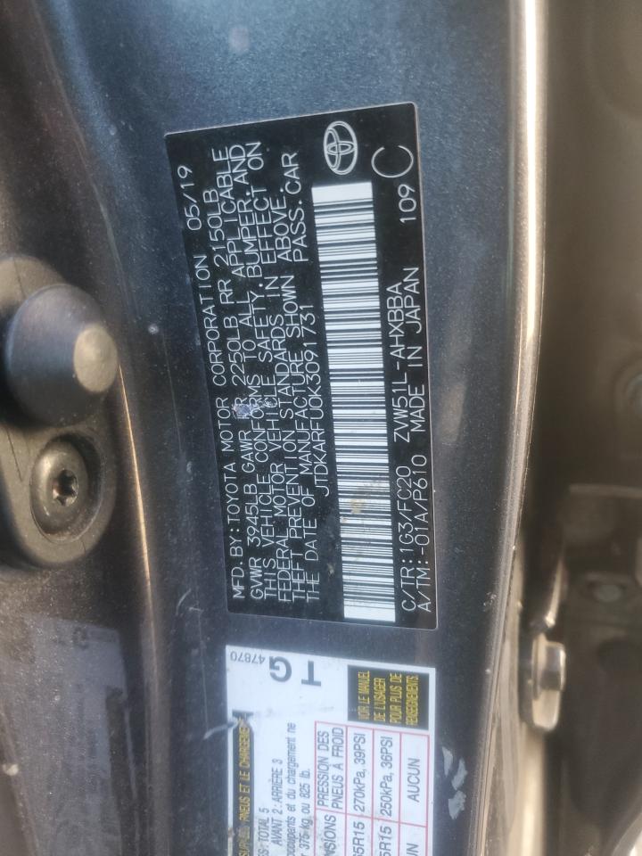 2019 Toyota Prius VIN JTDKARFU0K3091731 Copart auction photo, front end / side damage thumbnail 12