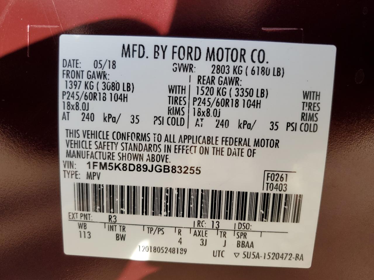 2018 Ford Explorer VIN 1FM5K8D89JGB83255 Copart auction photo, front end / side damage thumbnail 13