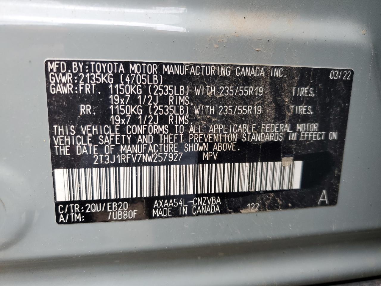 2022 Toyota RAV 4 VIN 2T3J1RFV7NW257927 Copart auction photo, front end / side damage thumbnail 14