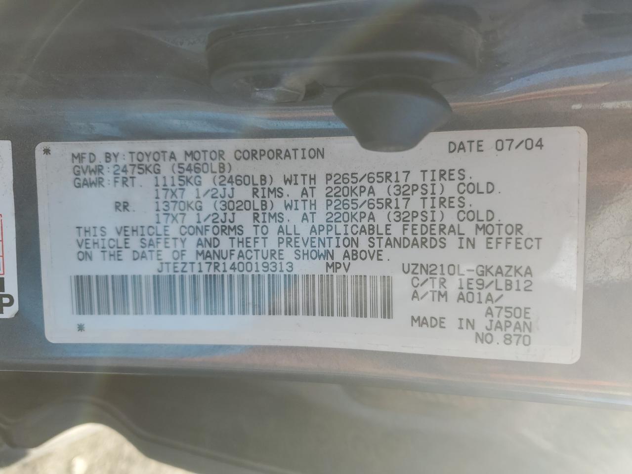2004 Toyota 4Runner VIN JTEZT17R140019313 Copart auction photo, front end damage thumbnail 13