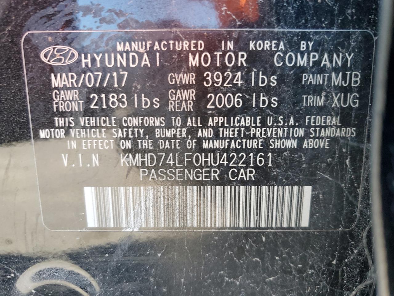 2017 Hyundai Elantra VIN KMHD74LF0HU422161 Copart auction photo, mechanical damage thumbnail 13