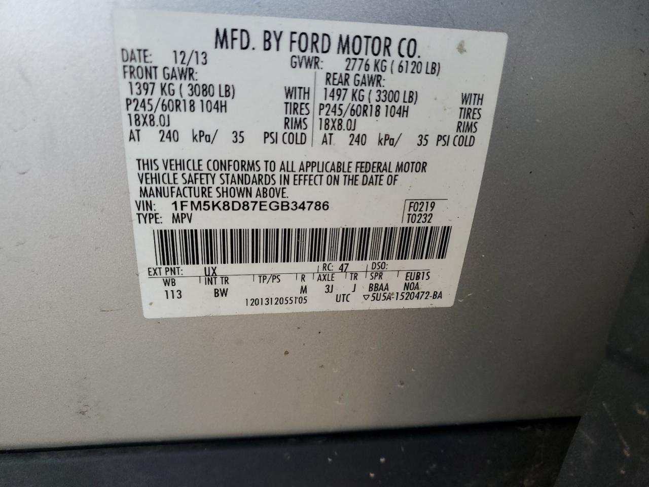 2014 Ford Explorer VIN 1FM5K8D87EGB34786 Copart auction photo, rear end / minor dent/scratches damage thumbnail 14