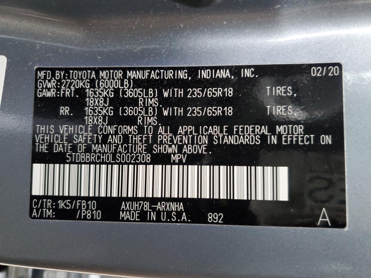 2020 Toyota Highlander VIN 5TDBBRCH0LS002308 Copart auction photo, front end / side damage thumbnail 14