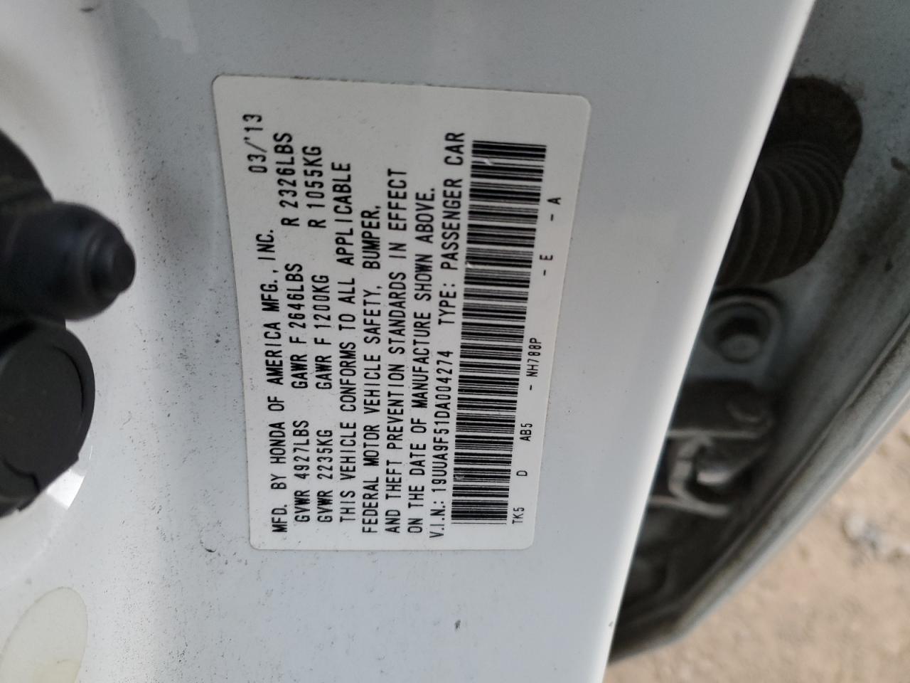 2013 Acura TL VIN 19UUA9F51DA004274 Copart auction photo, front end damage thumbnail 12