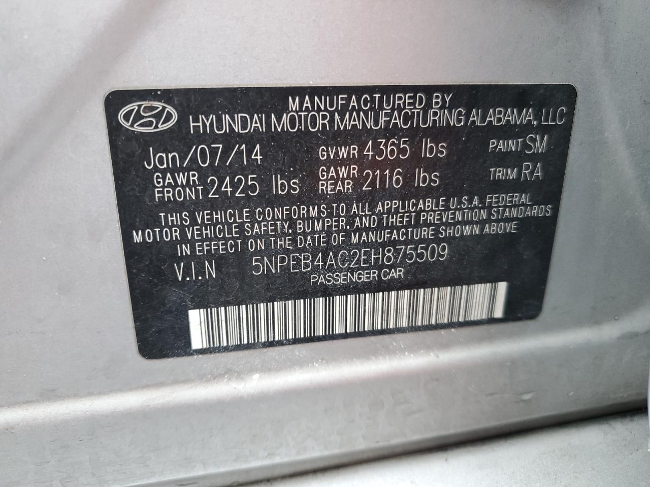 2014 Hyundai Sonata VIN 5NPEB4AC2EH875509 Copart auction photo, rear end / minor dent/scratches damage thumbnail 14