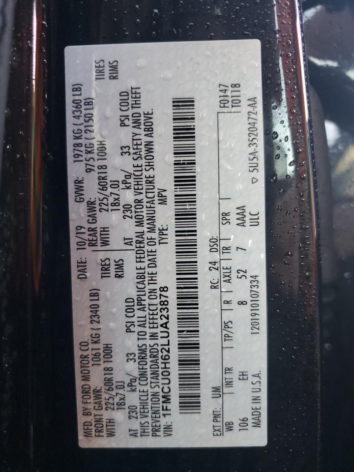 2020 Ford Escape VIN 1FMCU0H62LUA23878 Copart auction photo, water/flood damage thumbnail 14