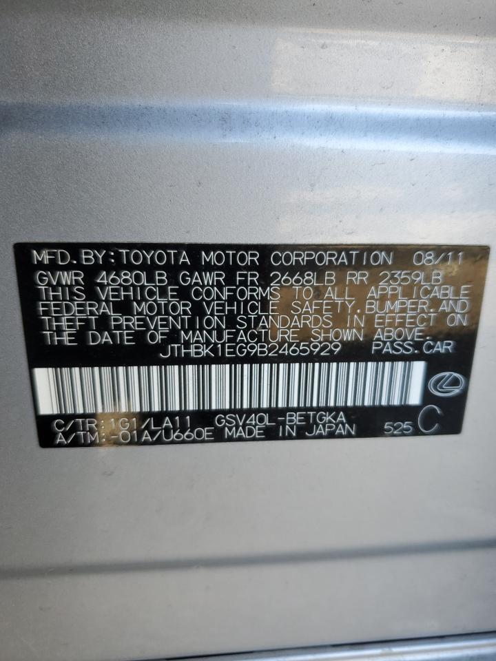 2011 Lexus ES VIN JTHBK1EG9B2465929 Copart auction photo, rear end / side damage thumbnail 13