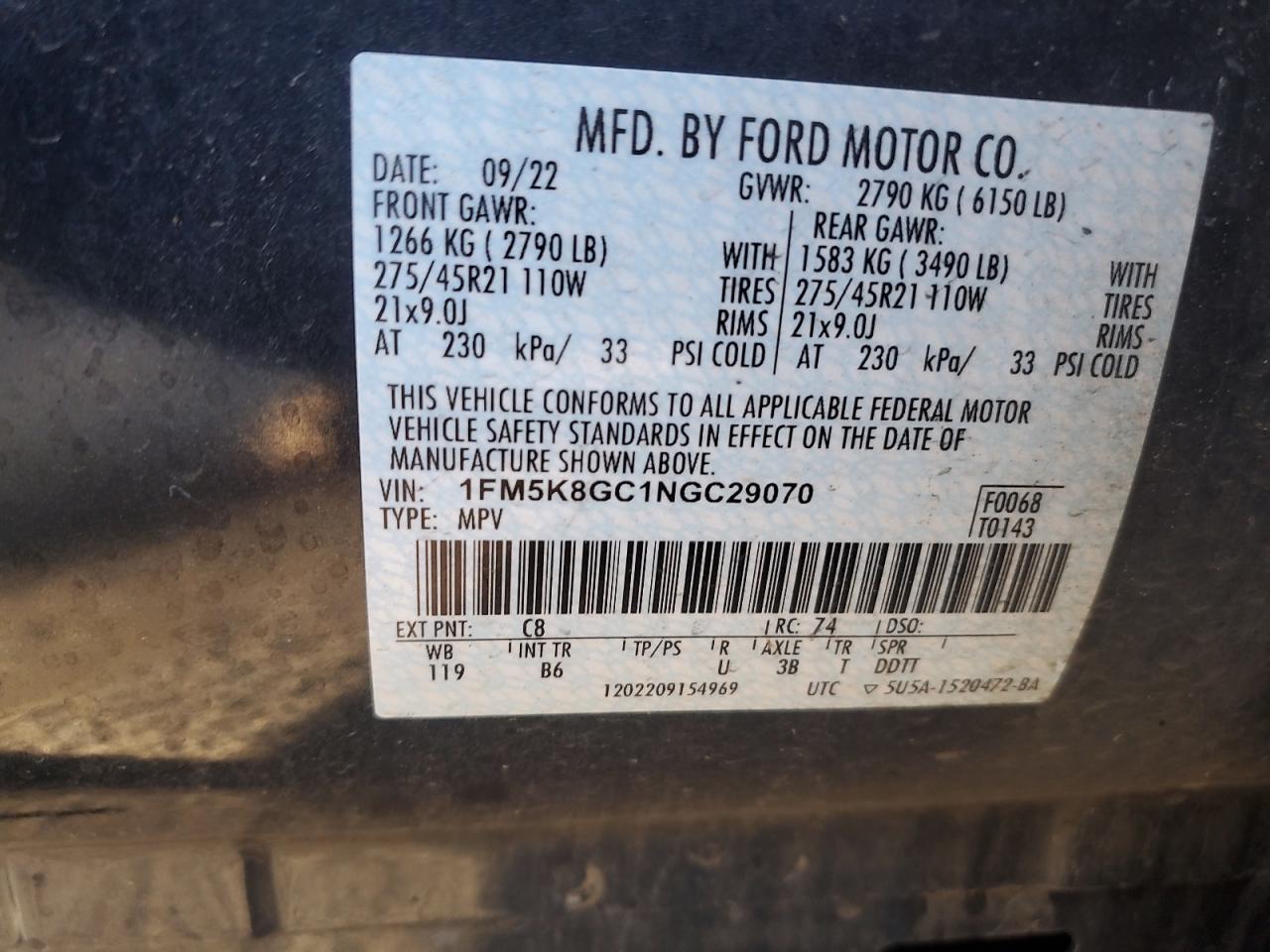 2022 Ford Explorer VIN 1FM5K8GC1NGC29070 Copart auction photo, all over damage thumbnail 12