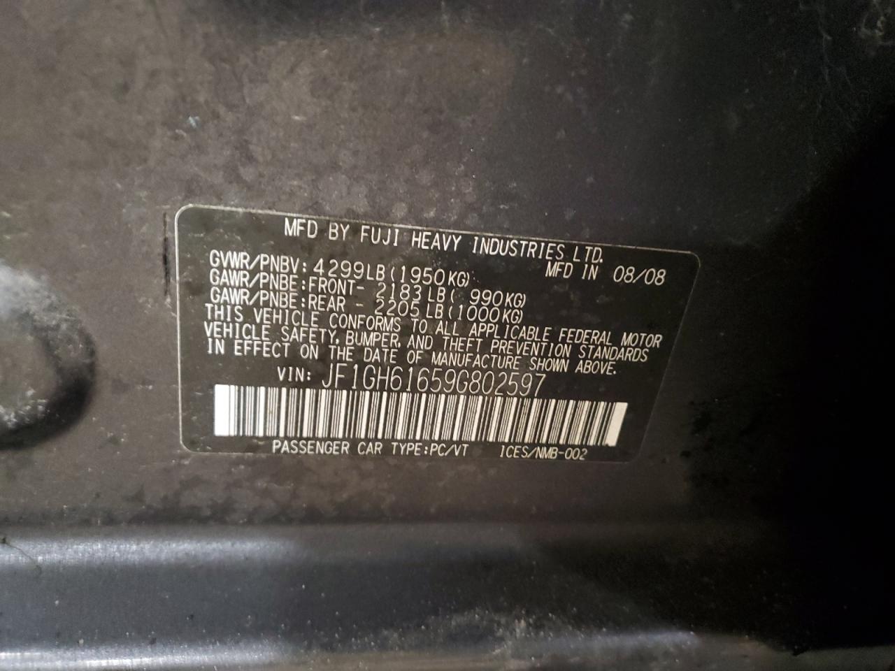 2009 Subaru Impreza VIN JF1GH61659G802597 Copart auction photo, front end damage thumbnail 12
