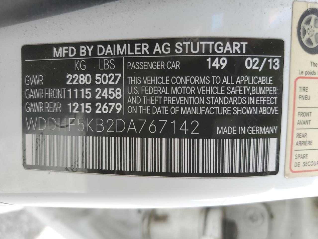 2013 Mercedes-Benz E-klasse VIN WDDHF5KB2DA767142 Copart auction photo, front end / side damage thumbnail 13