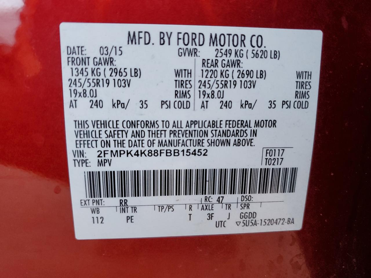2015 Ford Edge VIN 2FMPK4K88FBB15452 Copart auction photo, front end damage thumbnail 16