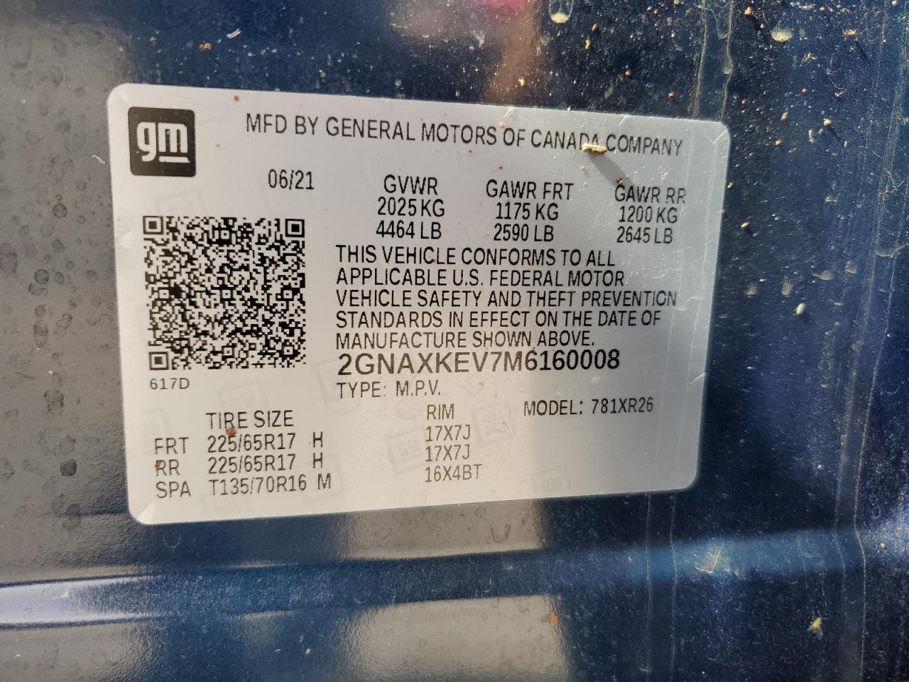 2021 Chevrolet Equinox VIN 2GNAXKEV7M6160008 Copart auction photo, water/flood damage thumbnail 14