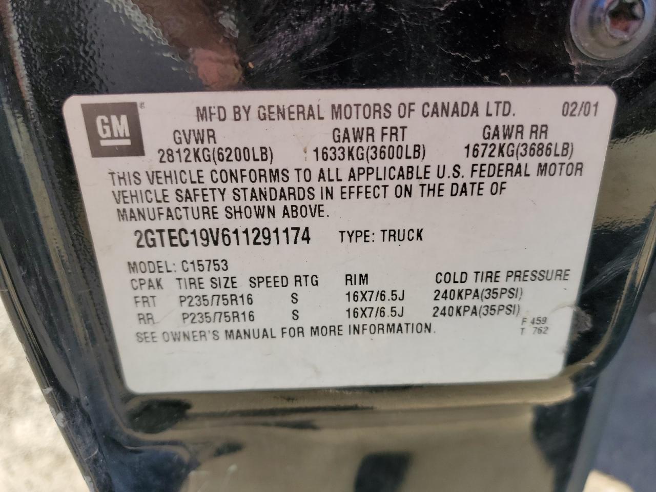 2001 GMC Sierra VIN 2GTEC19V611291174 Copart auction photo, rear end damage thumbnail 12