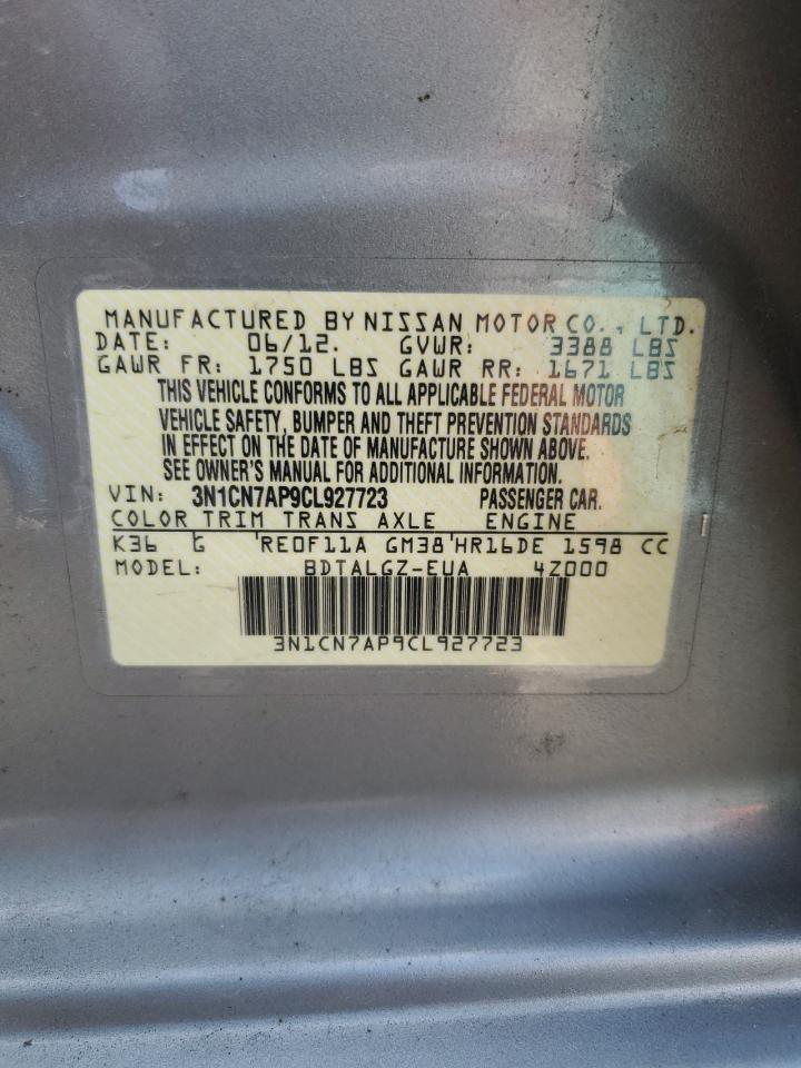 2012 Nissan Versa VIN 3N1CN7AP9CL927723 Copart auction photo, front end / minor dent/scratches damage thumbnail 13