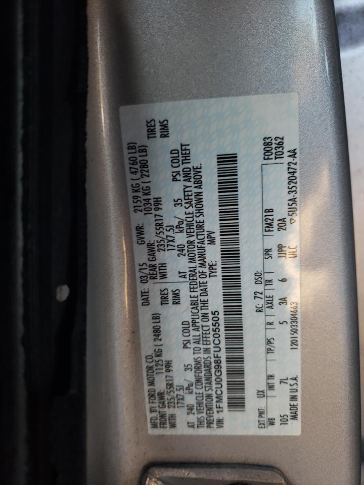 2015 Ford Escape VIN 1FMCU0G98FUC05505 Copart auction photo, rear end / side damage thumbnail 13