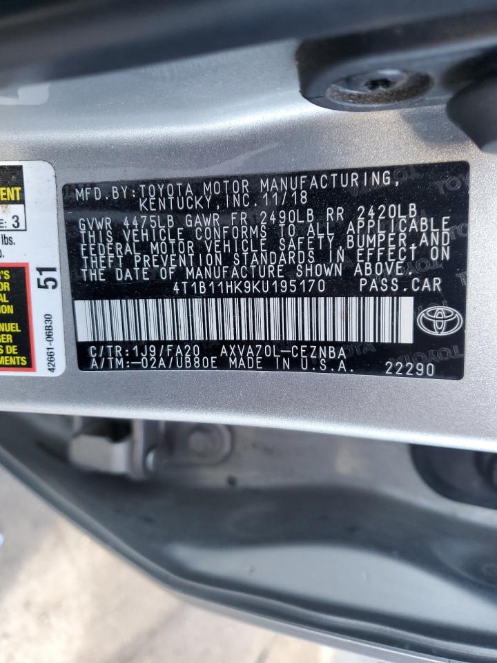 2019 Toyota Camry VIN 4T1B11HK9KU195170 Copart auction photo, front end / side damage thumbnail 13