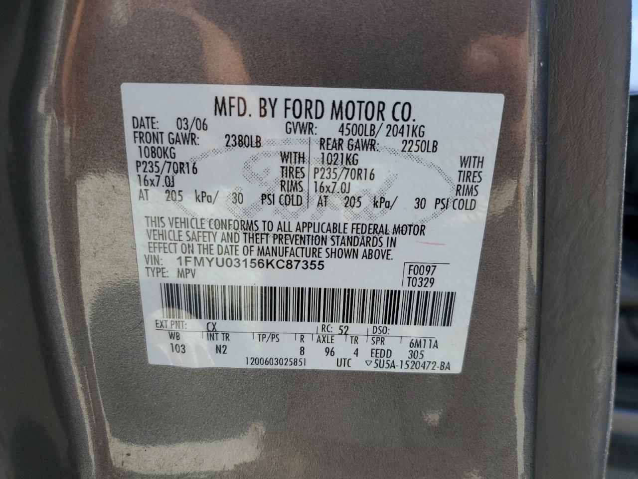 2006 Ford Escape VIN 1FMYU03156KC87355 Copart auction photo, side / front end damage thumbnail 15