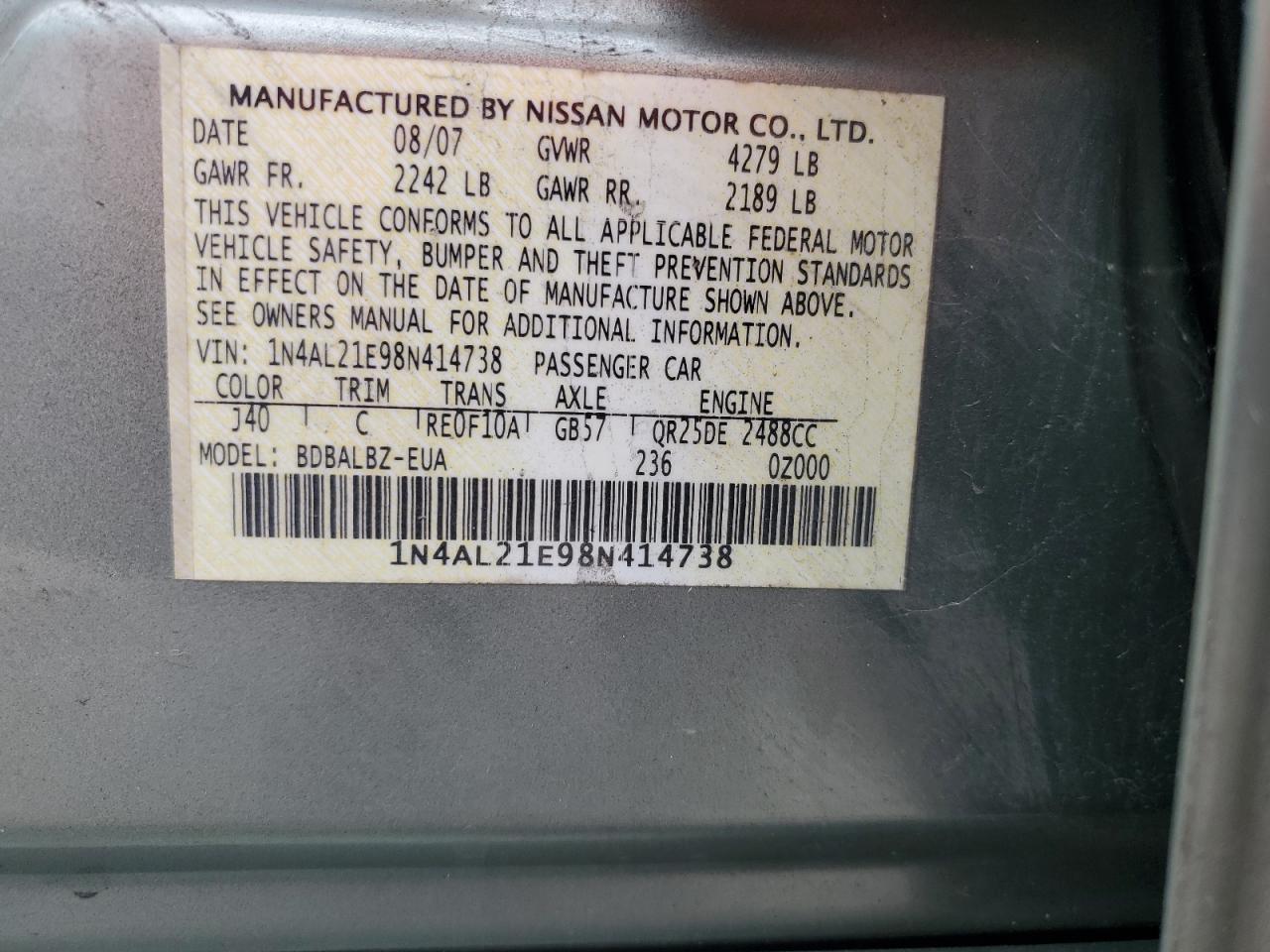 2008 Nissan Altima VIN 1N4AL21E98N414738 Copart auction photo, all over / front end damage thumbnail 14