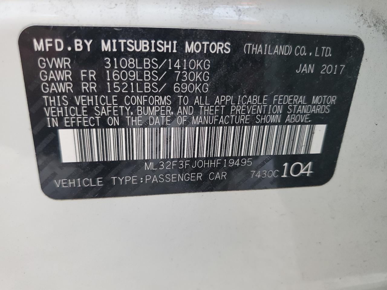 2017 Mitsubishi Mirage VIN ML32F3FJ0HHF19495 Copart auction photo, rear end damage thumbnail 13