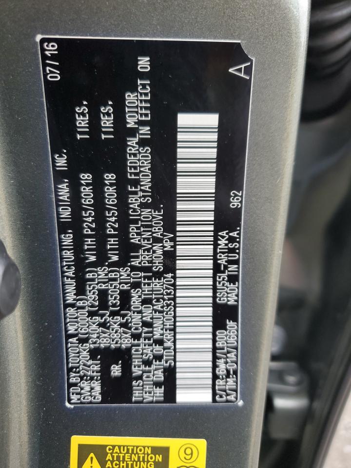 2016 Toyota Highlander VIN 5TDJKRFH0GS313704 Copart auction photo, front end damage thumbnail 13