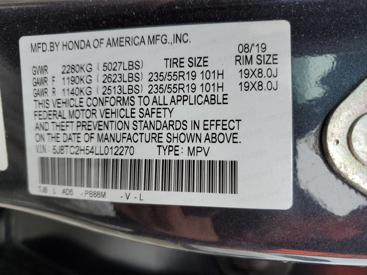 2020 Acura RDX VIN 5J8TC2H54LL012270 Copart auction photo, front end / mechanical damage thumbnail 13