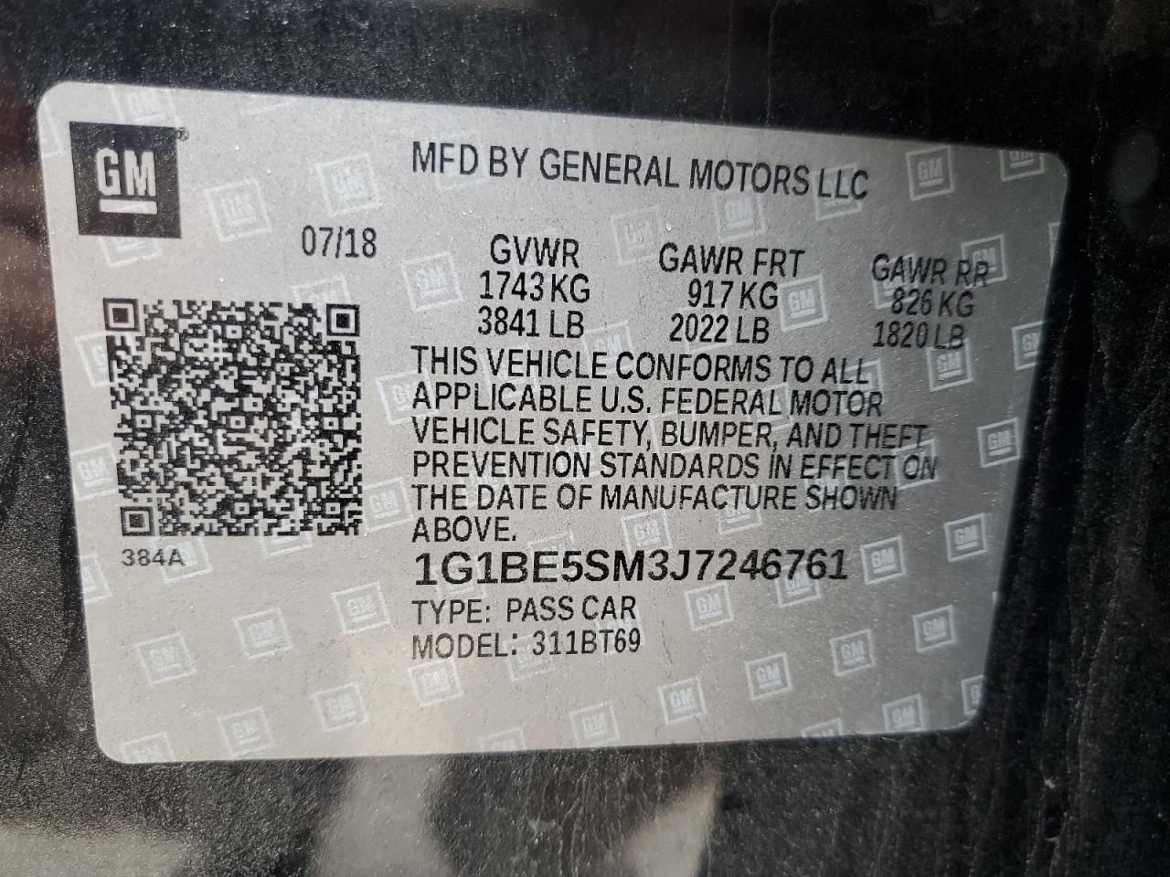 2018 Chevrolet Cruze VIN 1G1BE5SM3J7246761 Copart auction photo, rear end / minor dent/scratches damage thumbnail 13