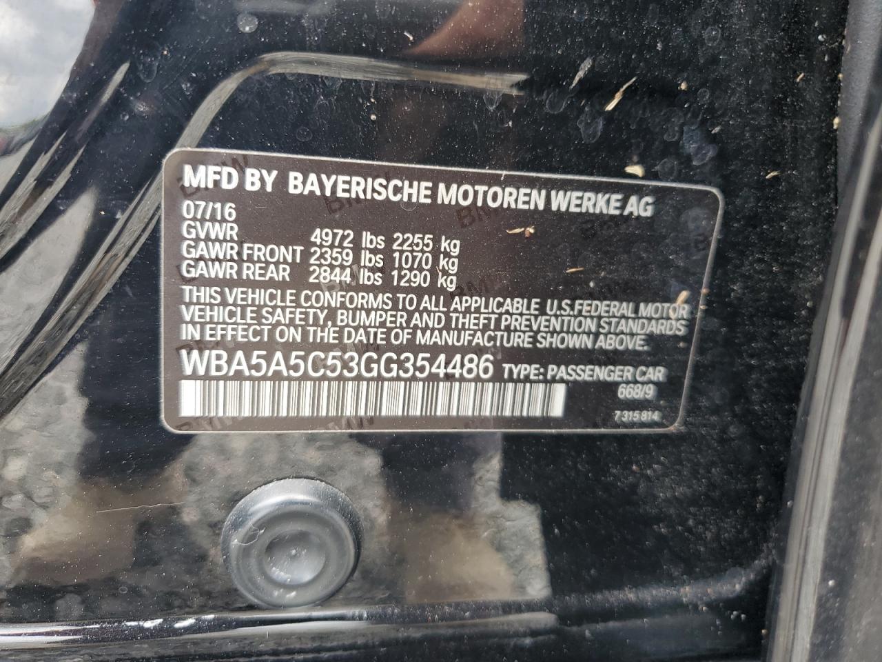 2016 BMW 5er VIN WBA5A5C53GG354486 Copart auction photo, water/flood damage thumbnail 13