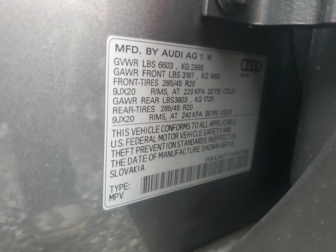 2017 Audi Q7 VIN WA1LAAF77HD037906 Copart auction photo, rear end damage thumbnail 12