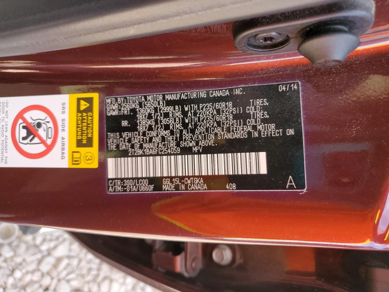 2015 Lexus RX VIN 2T2BK1BA6FC254059 Copart auction photo, front end damage thumbnail 13