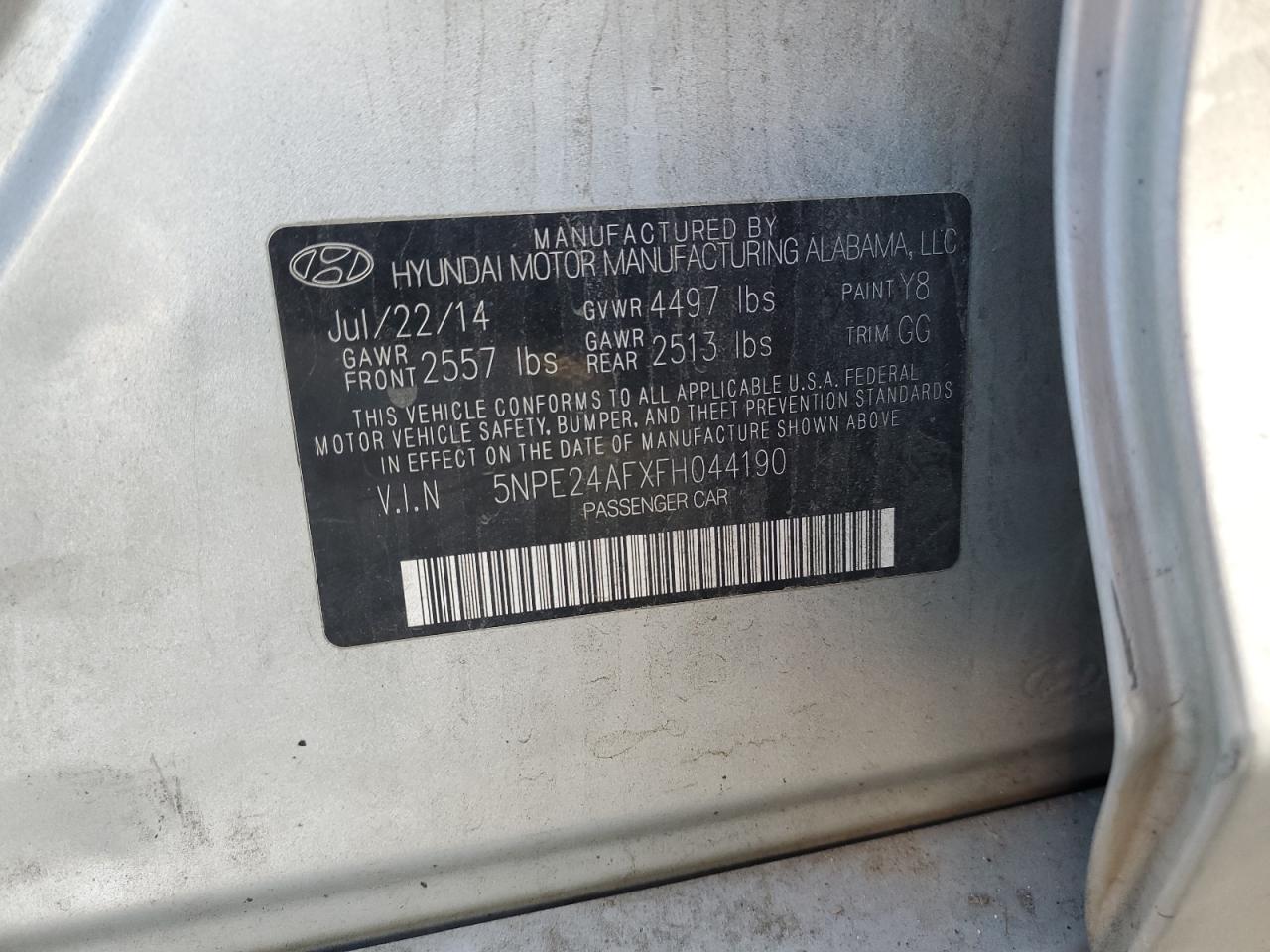 2015 Hyundai Sonata VIN 5NPE24AFXFH044190 Copart auction photo, front end / rear end damage thumbnail 12