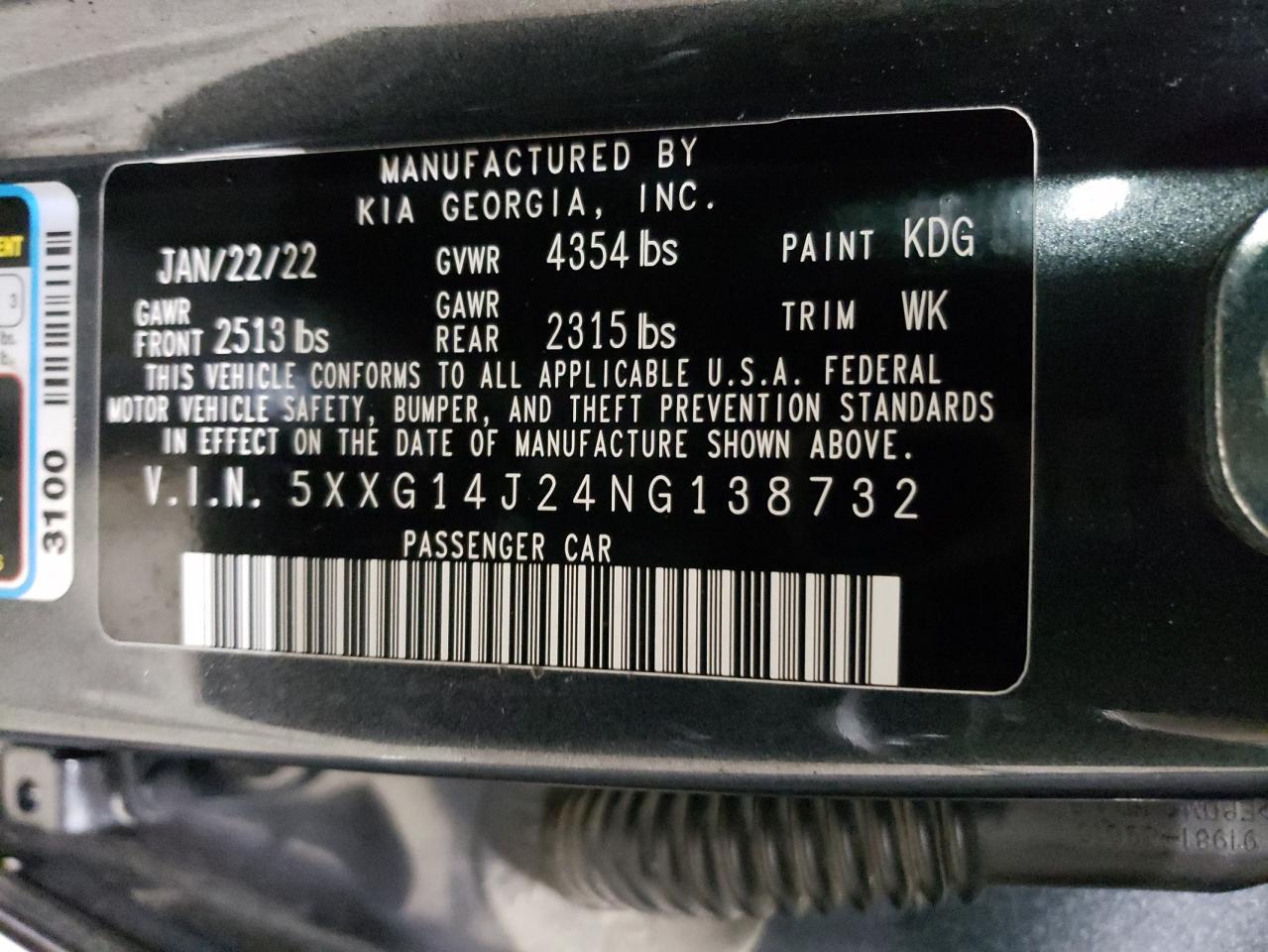 2022 KIA K5 VIN 5XXG14J24NG138732 Copart auction photo, front end damage thumbnail 12
