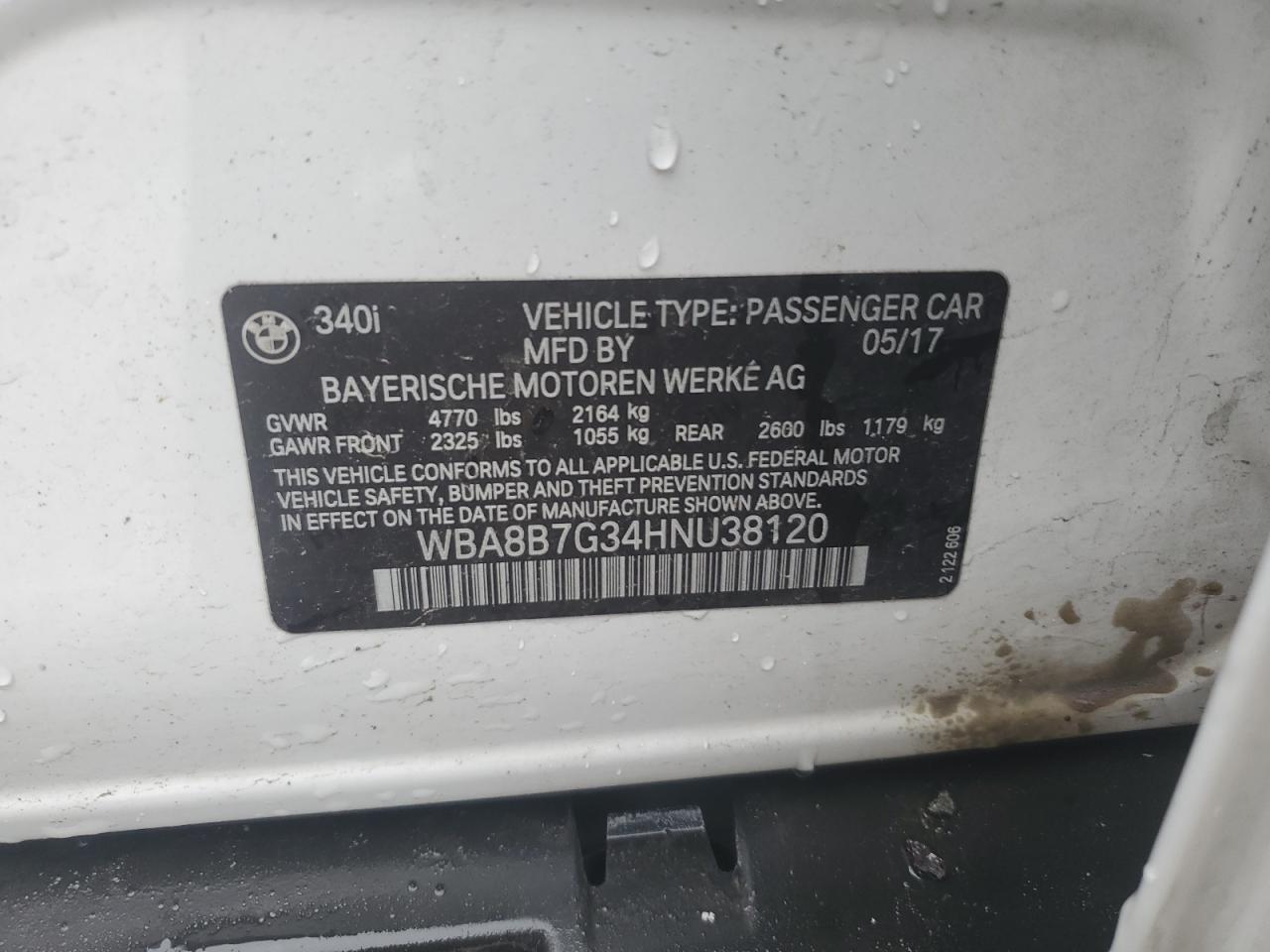 2017 BMW 3er VIN WBA8B7G34HNU38120 Copart auction photo, side damage thumbnail 12