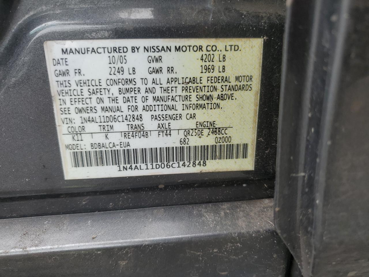 2006 Nissan Altima VIN 1N4AL11D06C142848 Copart auction photo, rear end damage thumbnail 13