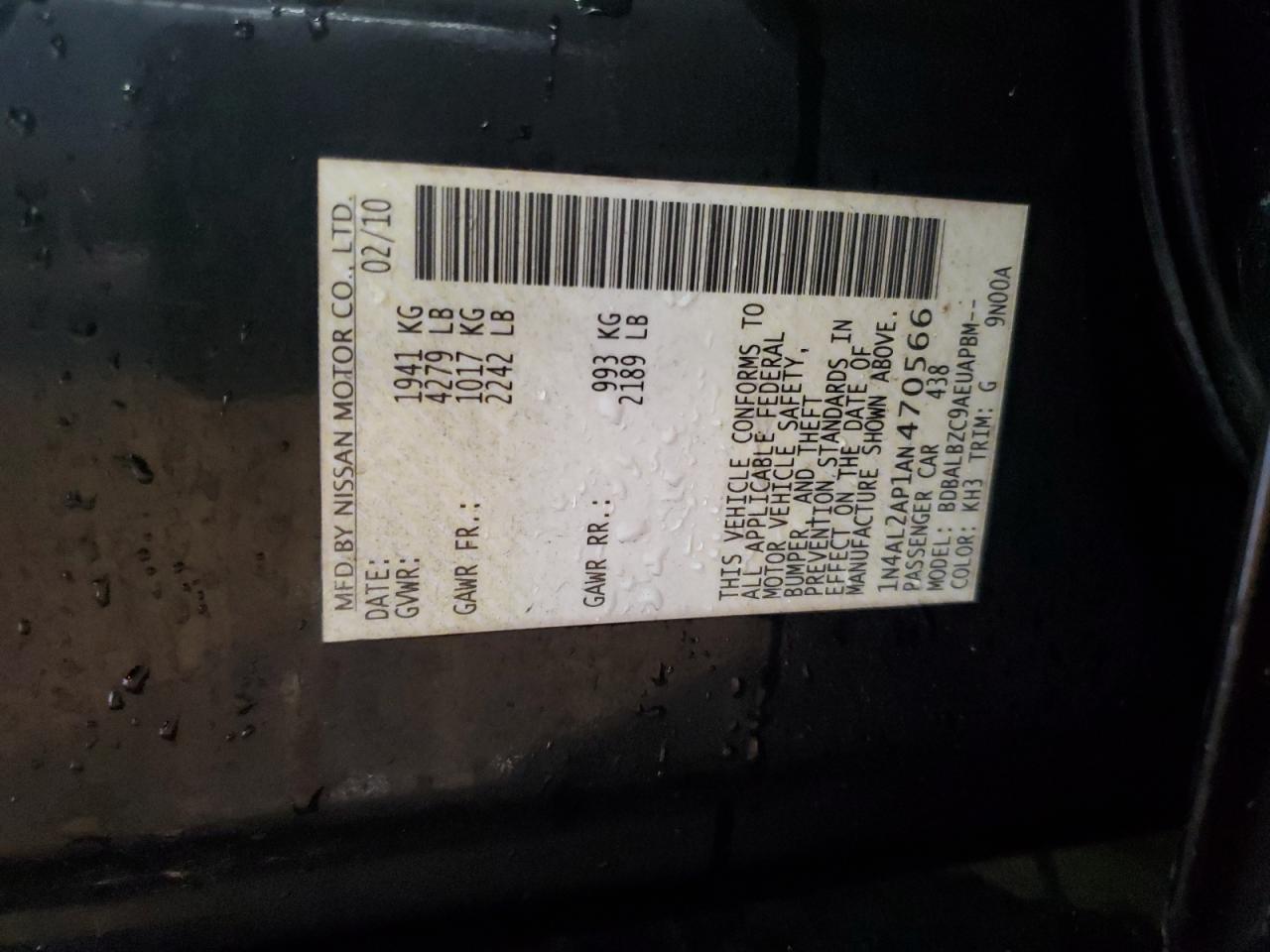2010 Nissan Altima VIN 1N4AL2AP1AN470566 Copart auction photo, side damage thumbnail 12