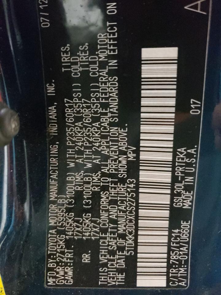 2012 Toyota Sienna VIN 5TDKK3DCXCS275143 Copart auction photo, rear end damage thumbnail 13