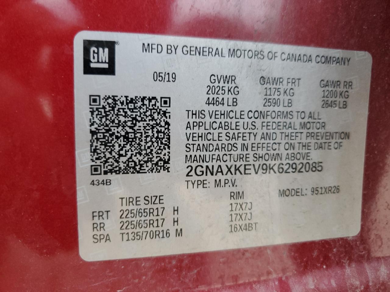 2019 Chevrolet Equinox VIN 2GNAXKEV9K6292085 Copart auction photo, front end / side damage thumbnail 13
