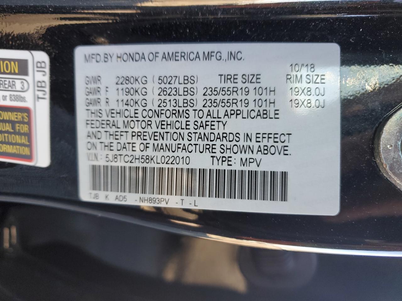 2019 Acura RDX VIN 5J8TC2H58KL022010 Copart auction photo, top/roof damage thumbnail 15