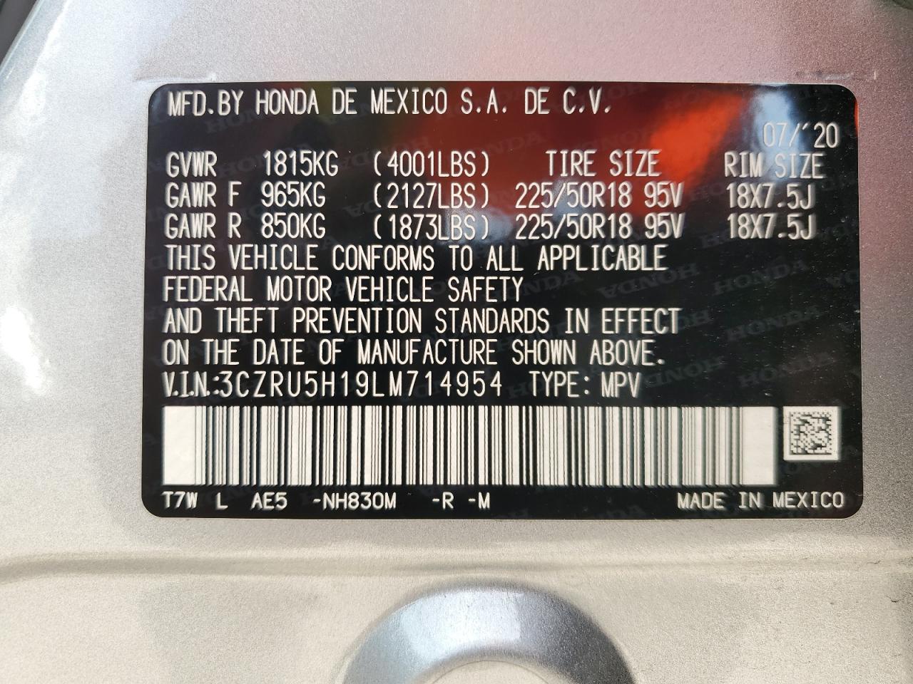 2020 Honda HR-V VIN 3CZRU5H19LM714954 Copart auction photo, front end damage thumbnail 13