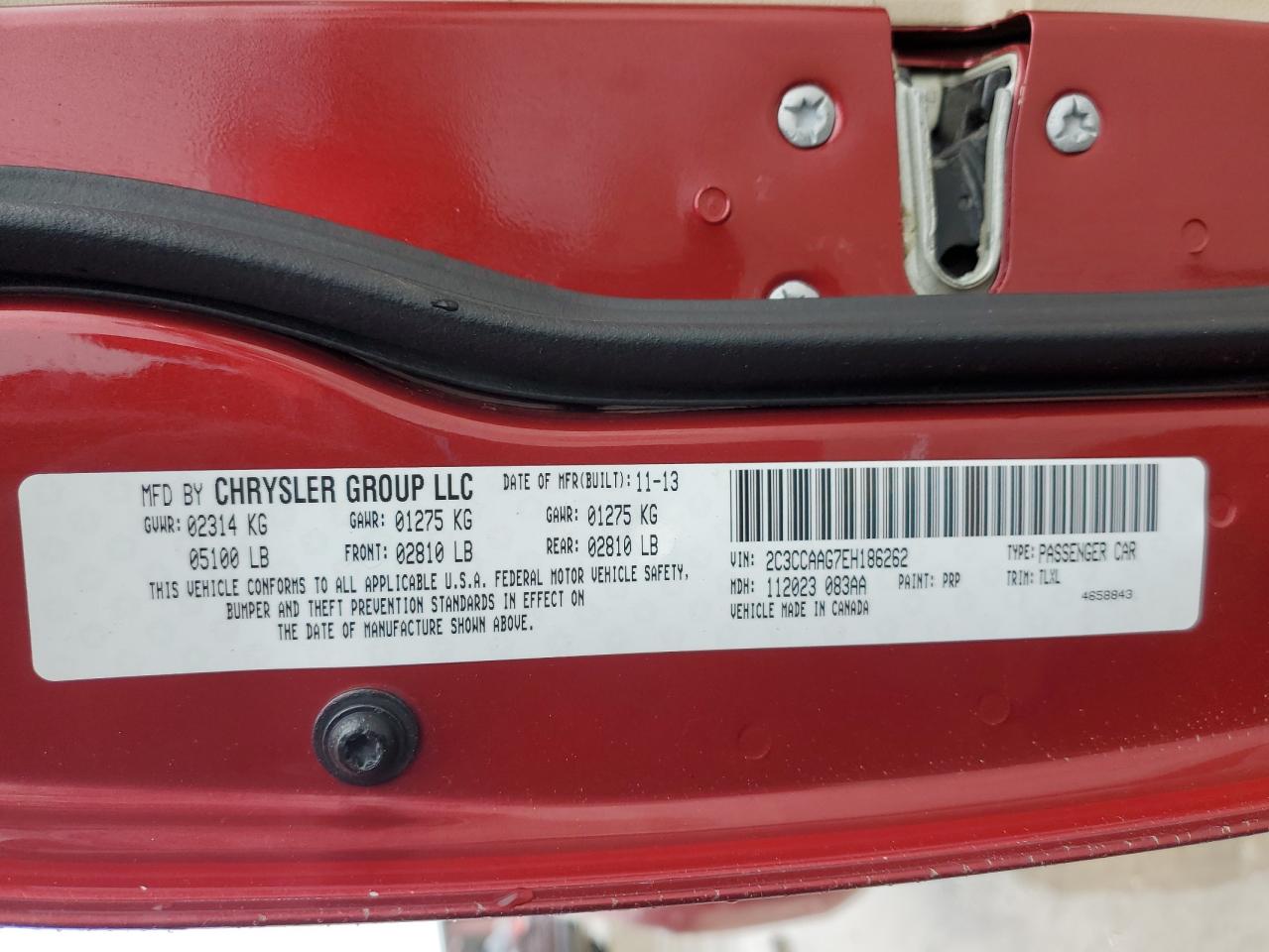 2014 Chrysler 300 VIN 2C3CCAAG7EH186262 Copart auction photo, side damage thumbnail 14
