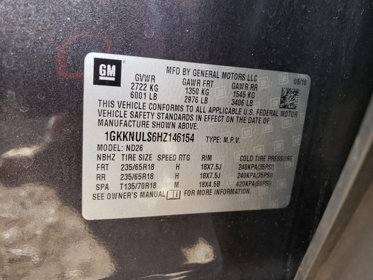 2017 GMC Acadia VIN 1GKKNULS6HZ146154 Copart auction photo, front end / minor dent/scratches damage thumbnail 13