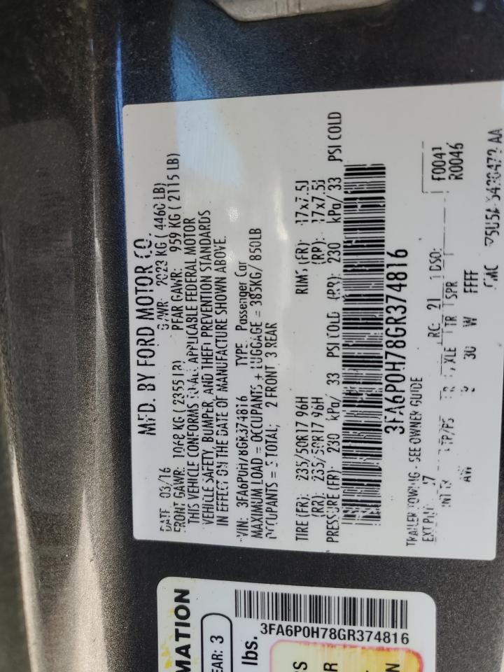 2016 Ford Fusion VIN 3FA6P0H78GR374816 Copart auction photo, side damage thumbnail 12