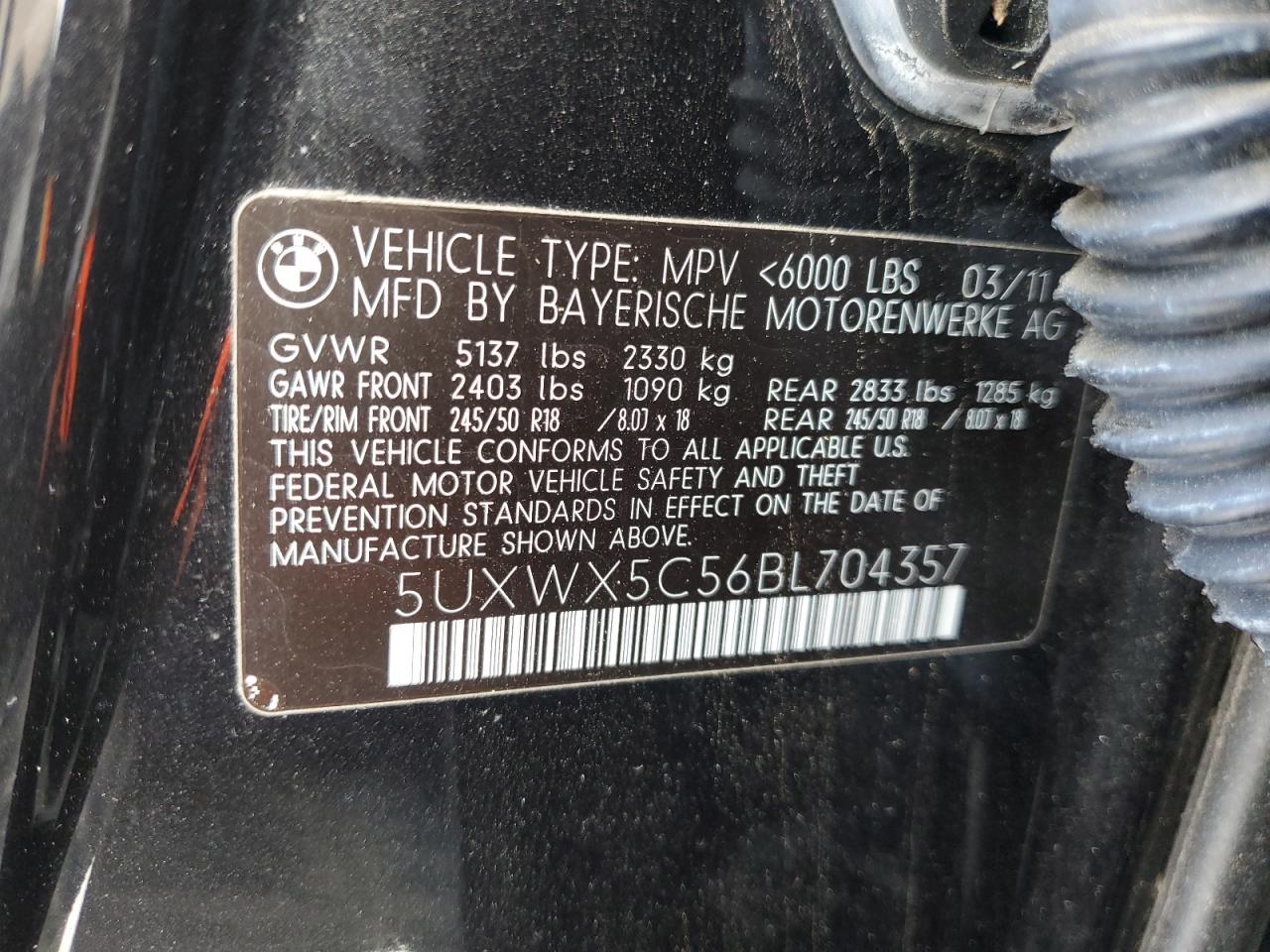 2011 BMW X3 VIN 5UXWX5C56BL704357 Copart auction photo, front end / rear end damage thumbnail 15