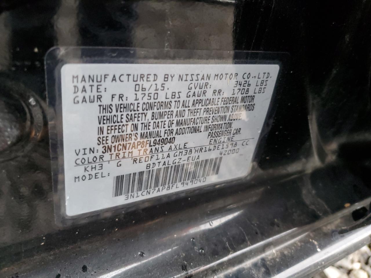 2015 Nissan Versa VIN 3N1CN7AP8FL949040 Copart auction photo, front end damage thumbnail 12
