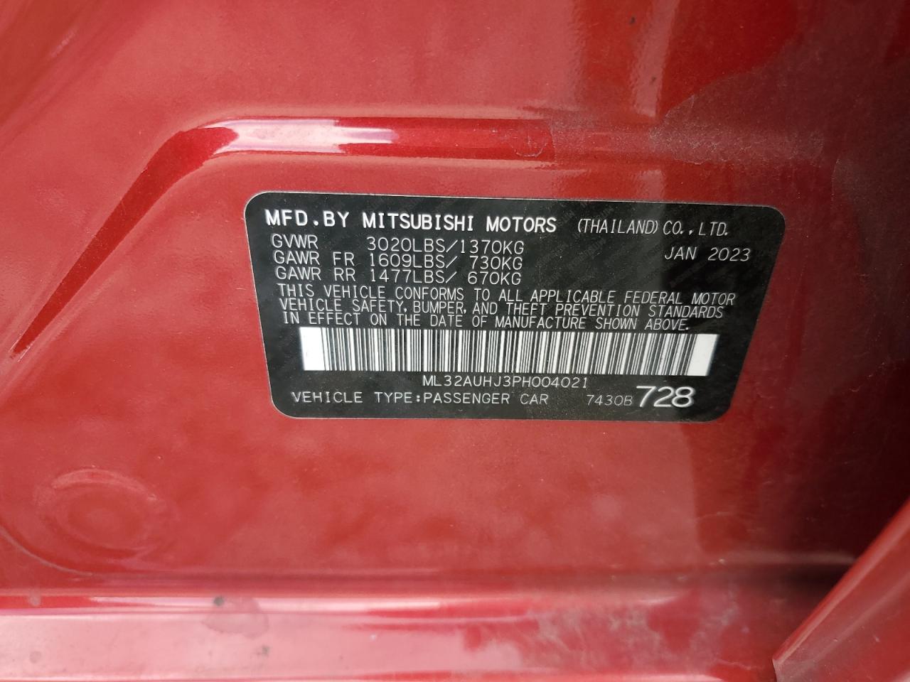2023 Mitsubishi Mirage VIN ML32AUHJ3PH004021 Copart auction photo, front end / rear end damage thumbnail 14