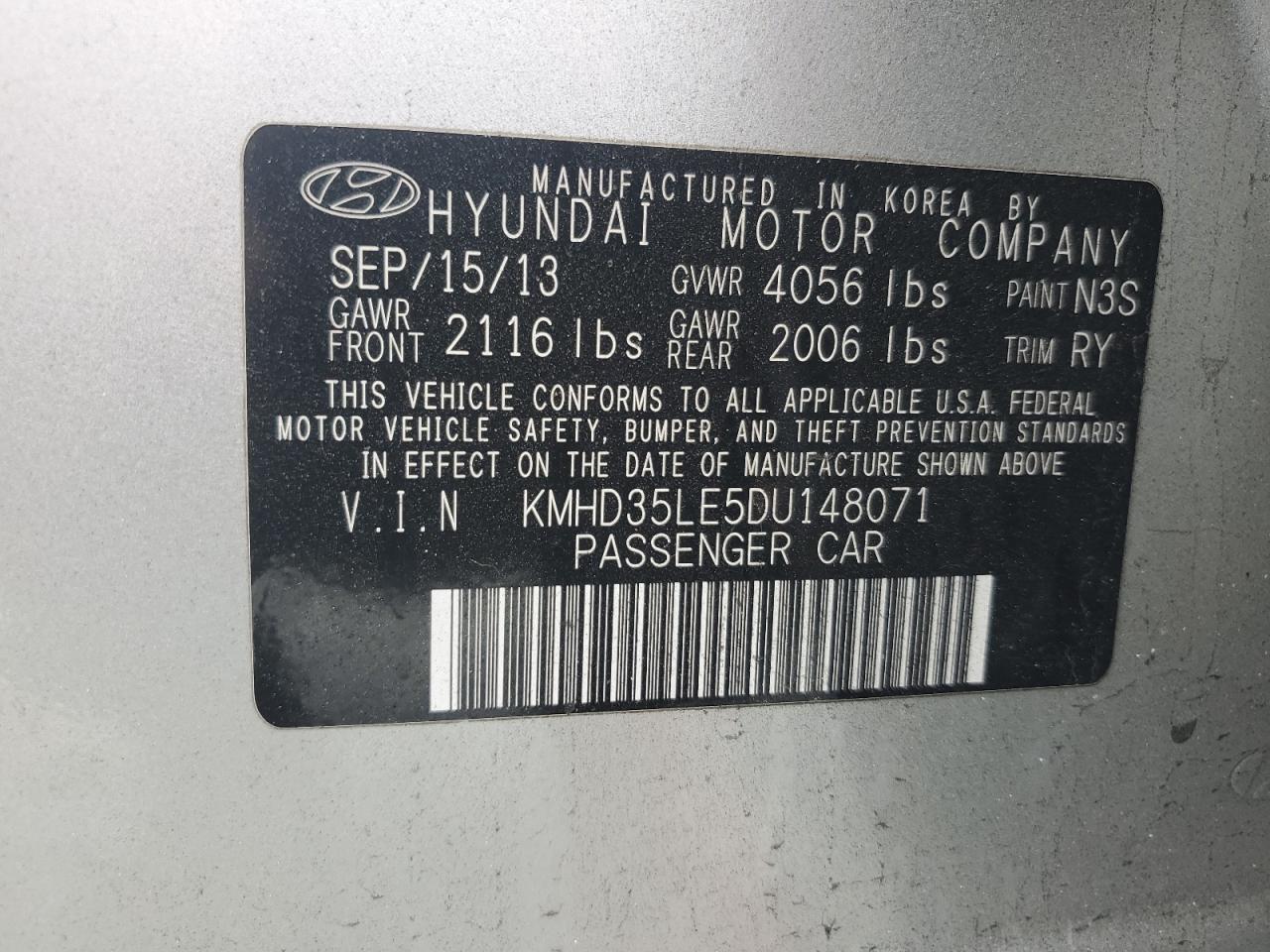 2013 Hyundai Elantra VIN KMHD35LE5DU148071 Copart auction photo, rear end / side damage thumbnail 12