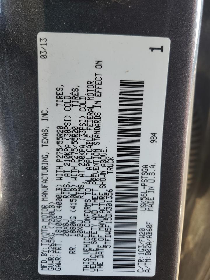 2013 Toyota Tundra VIN 5TFDW5F15DX301356 Copart auction photo, side / rear end damage thumbnail 12