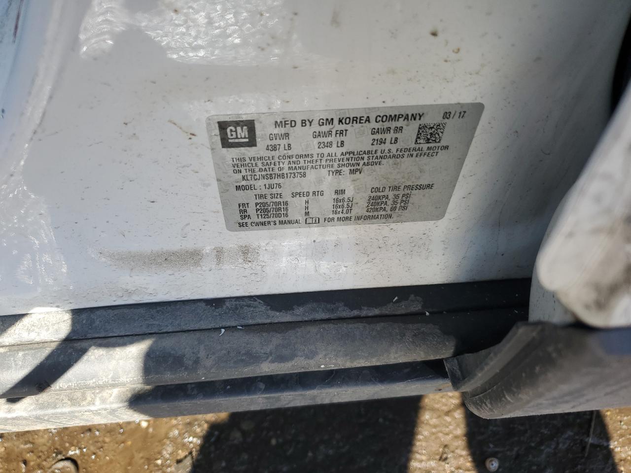 2017 Chevrolet Trax VIN KL7CJNSB7HB173758 Copart auction photo, all over damage thumbnail 13