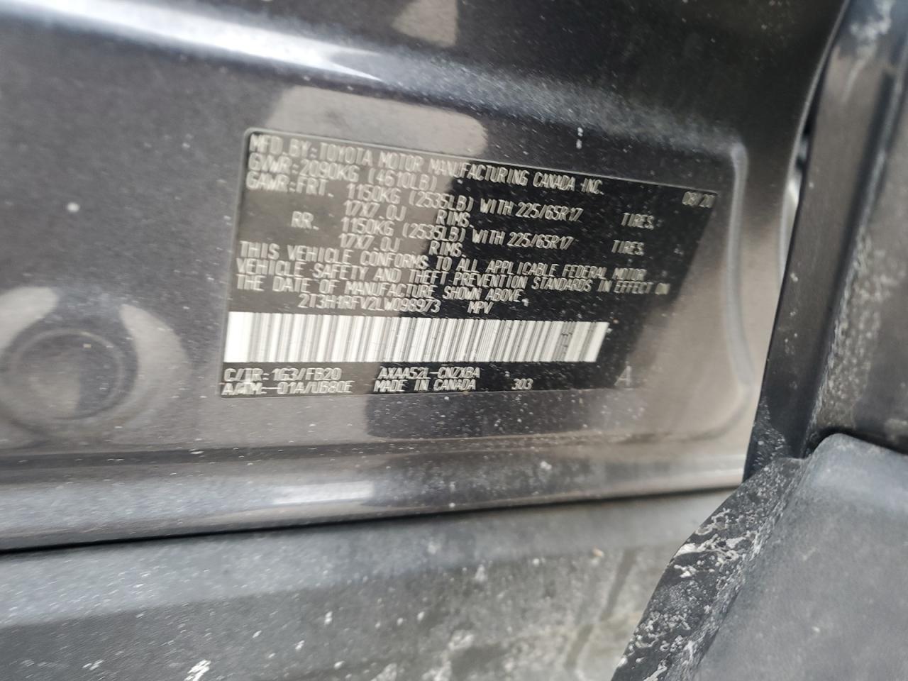 2020 Toyota RAV 4 VIN 2T3H1RFV2LW098973 Copart auction photo, front end / side damage thumbnail 14